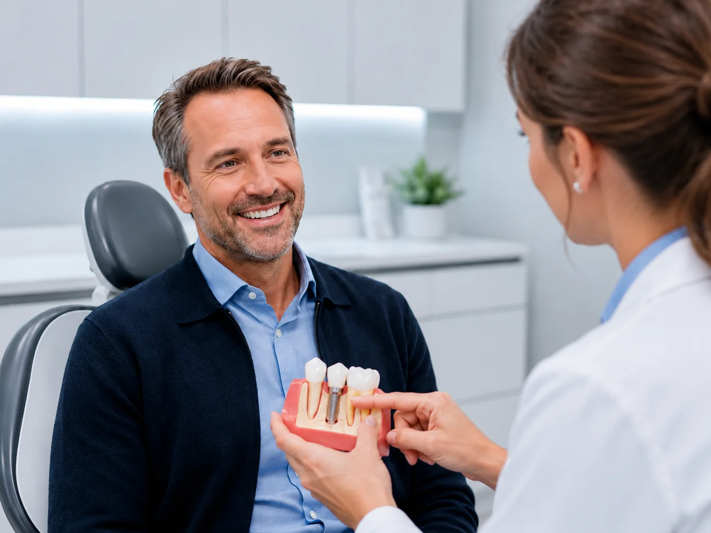 Dentista avaliando paciente para implante dentário