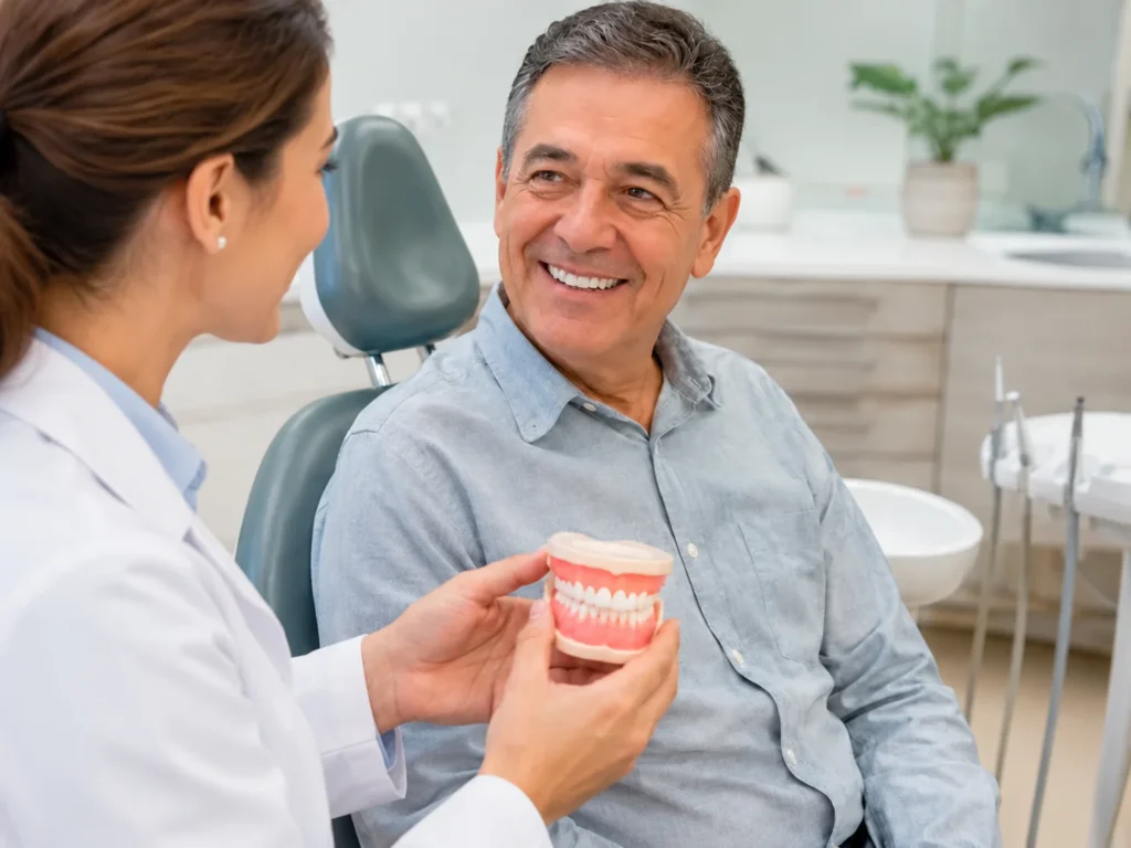 Dentista apresentando prótese dentária à paciente
