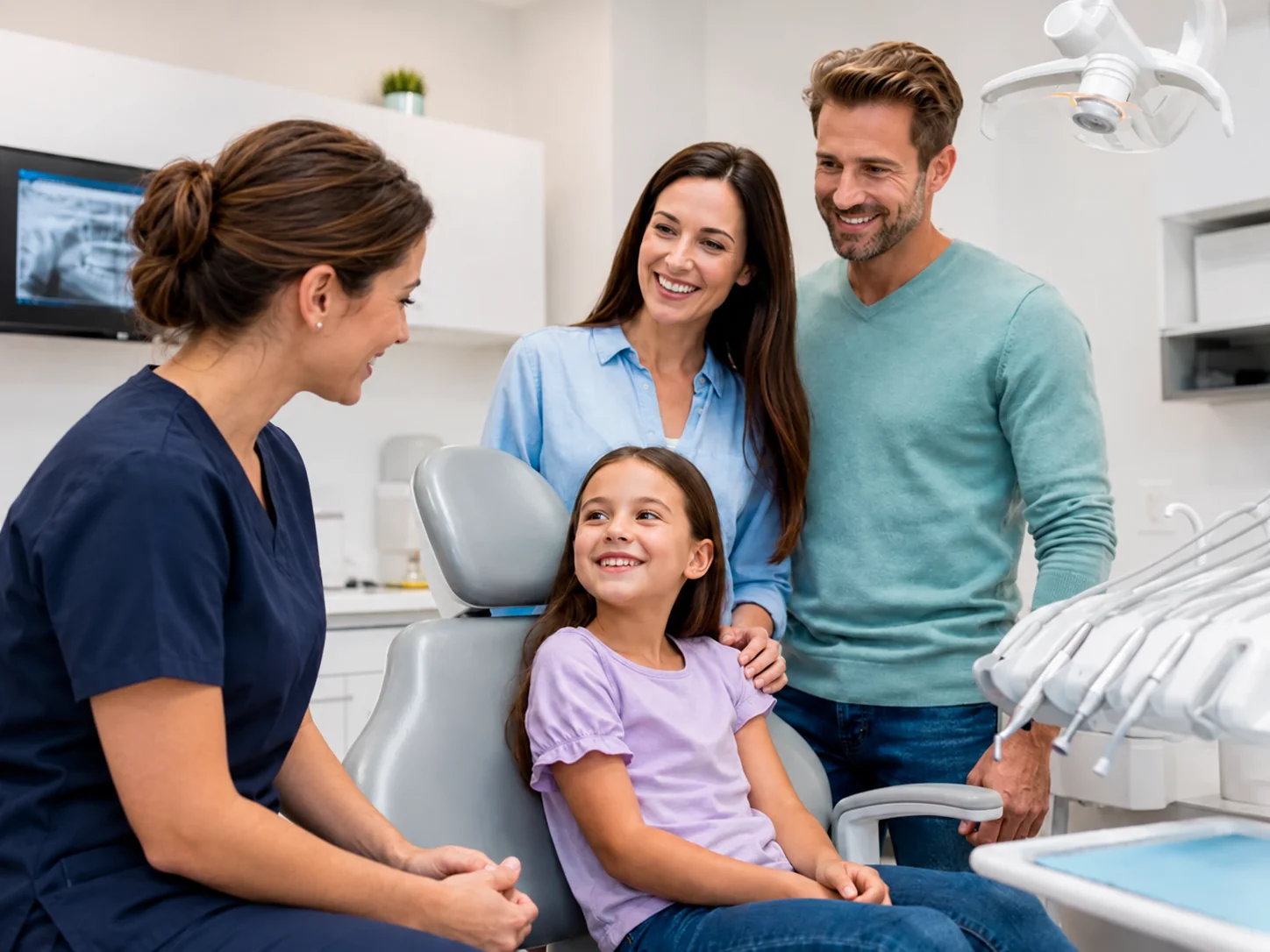 Dentista orientando família sobre saúde bucal