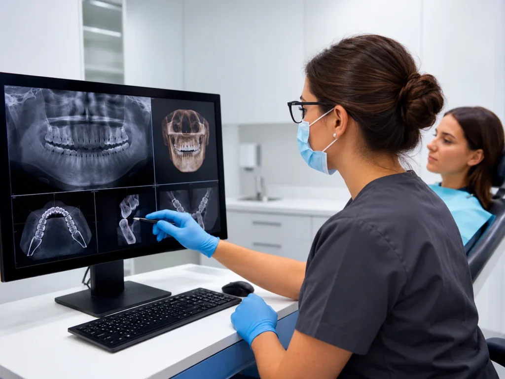 Dentista analisando radiografia odontológica