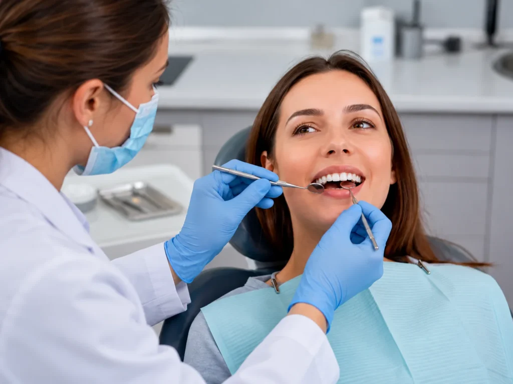 Dentista realizando avaliação periodontal