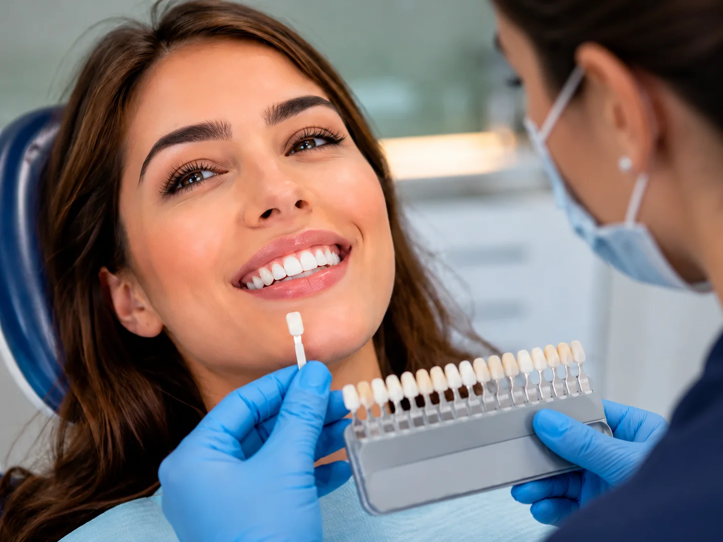 Dentista avaliando facetas dentárias da paciente